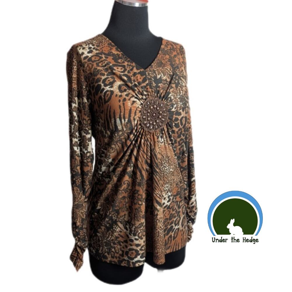 Vtg Rafaella Burnt Orange Beaded Ruched Sleeve Top | Small | Boho Indie